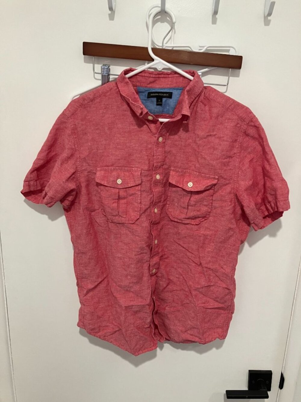 Banana Republic Men M Slim Fit Red Linen Blend Short Sleeve Utility Shirt
